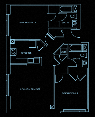 Floor plan for 2 beds, 2 baths, 1300 sqft